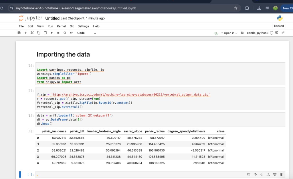 SageMaker Jupyter notebook showing vertebral column data loaded in pandas with df.head() output